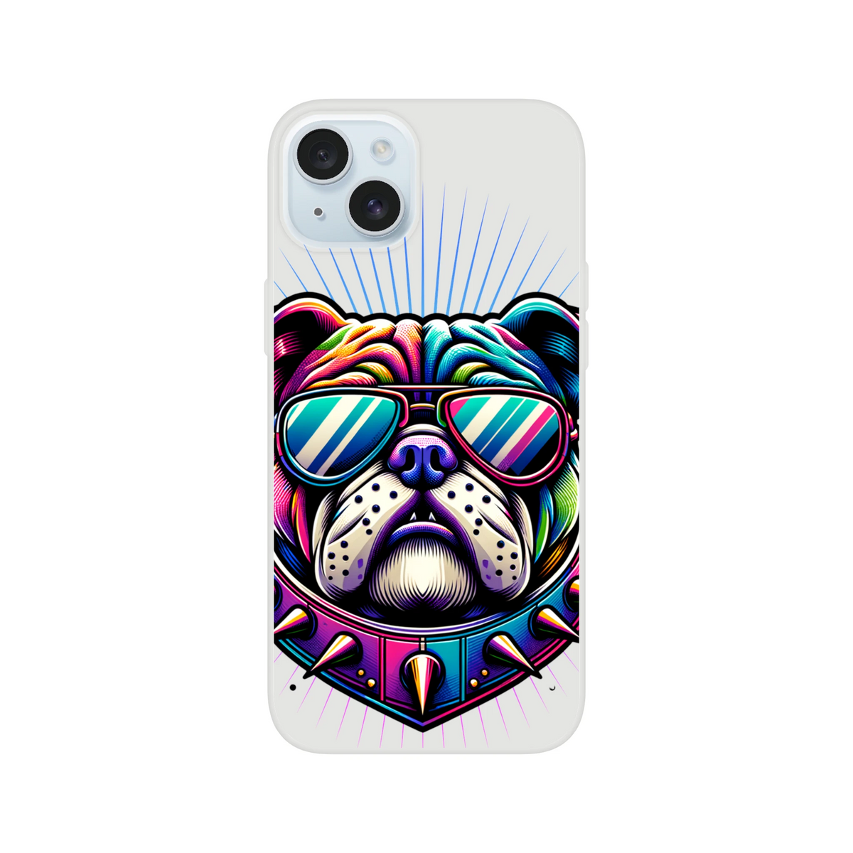 Slim transparent iPhone case with a colorful bulldog wearing mirrored sunglasses for 13-16.