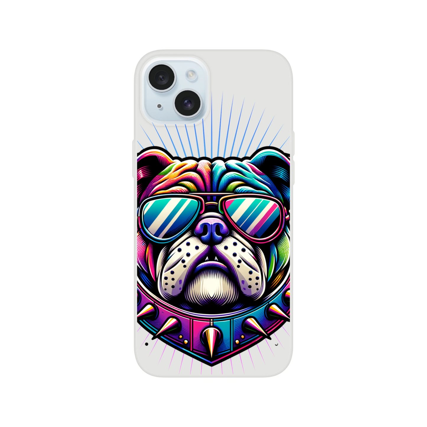 Slim transparent iPhone case with a colorful bulldog wearing mirrored sunglasses for 13-16.
