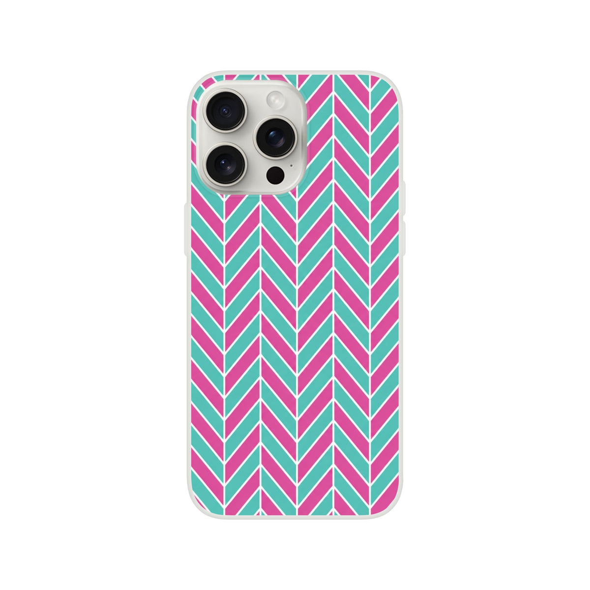 Pink and turquoise herringbone iPhone 13-16 case. Geometric TPU cover with matte finish, impact shielding, and wireless charging support.