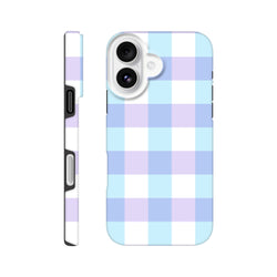 Pastel blue and lavender gingham tough iPhone case with shock-absorbing checkered cover for streetwear style protection.