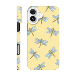 Yellow background iPhone case featuring a blue and orange dragonfly pattern. Cute tough phone cover fordrop protection.