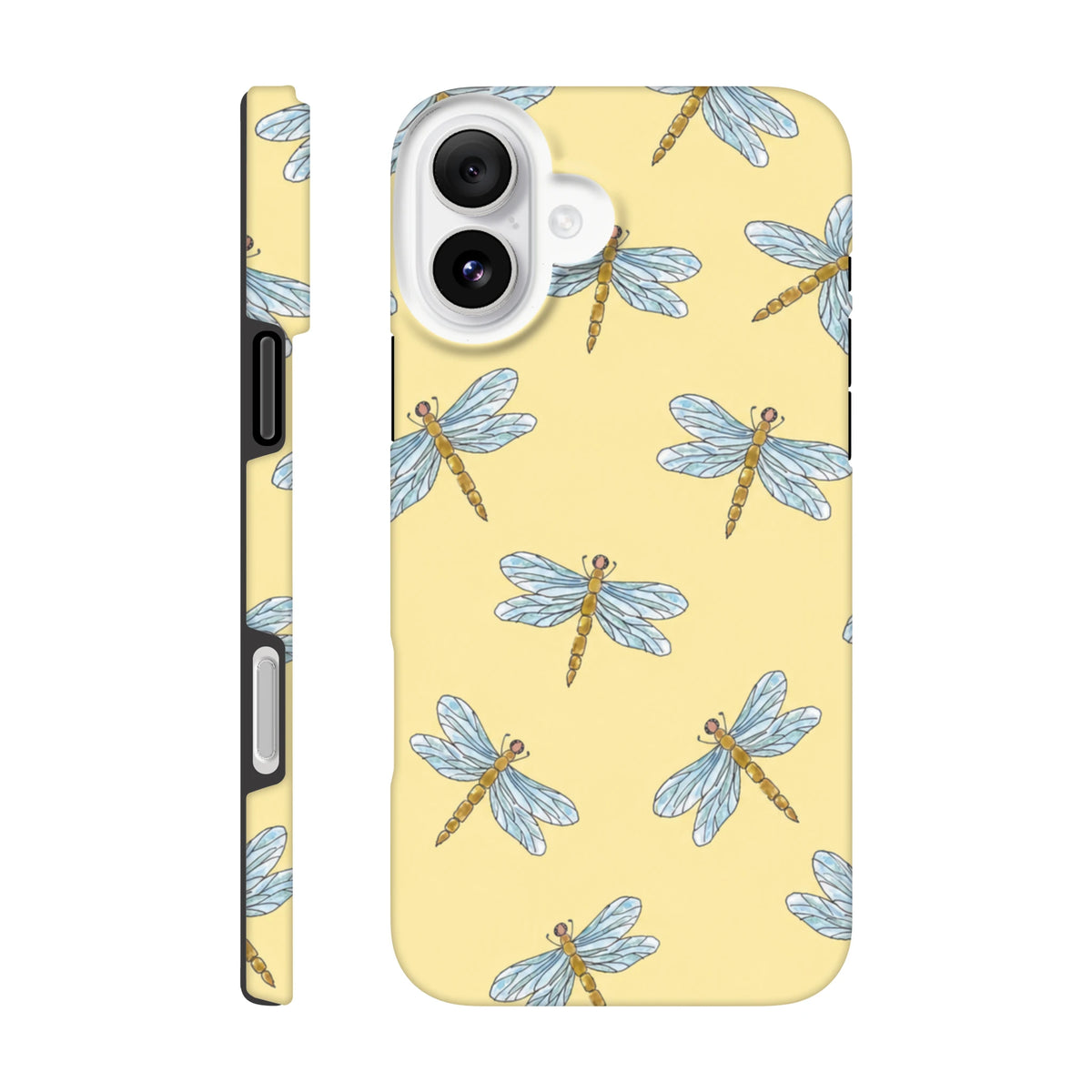 Yellow background iPhone case featuring a blue and orange dragonfly pattern. Cute tough phone cover fordrop protection.