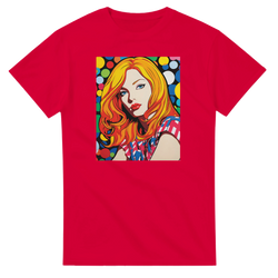 Red Pop Art men's t-shirt featuring a retro graphic of a blonde woman with colorful polka dots and bold streetwear style.