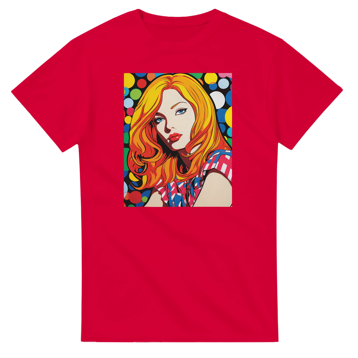 Red Pop Art men's t-shirt featuring a retro graphic of a blonde woman with colorful polka dots and bold streetwear style.
