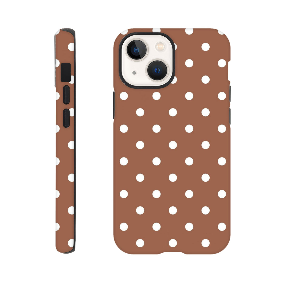 Retro brown and white polka dot tough iPhone case. Dual-layer shock-absorbing TPU protection with secure fit for iPhone 13-16 Pro Max.