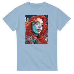 Light blue men's t-shirt featuring a bold artistic portrait of a redhead woman with vibrant red hair and blue shading.