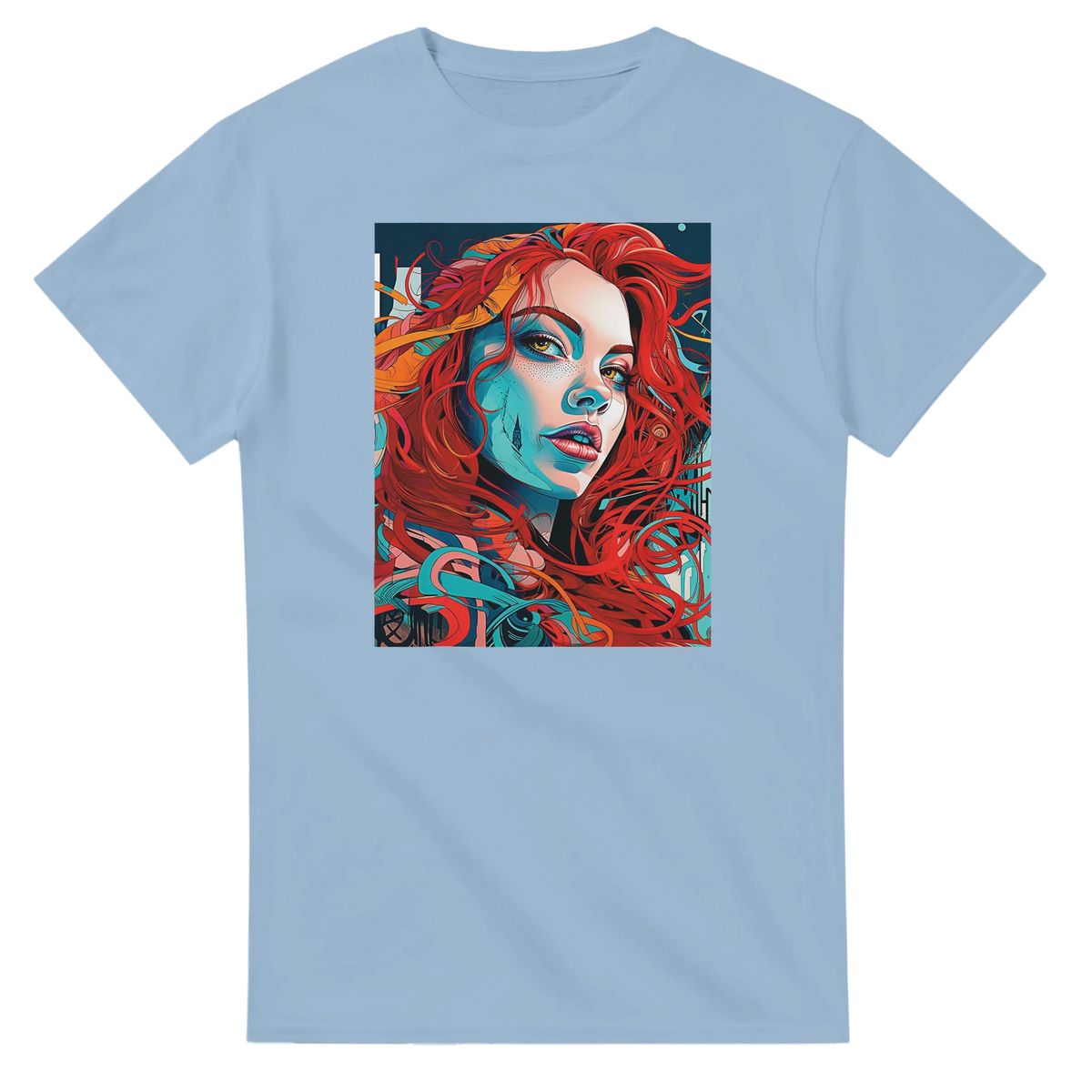 Light blue men's t-shirt featuring a bold artistic portrait of a redhead woman with vibrant red hair and blue shading.