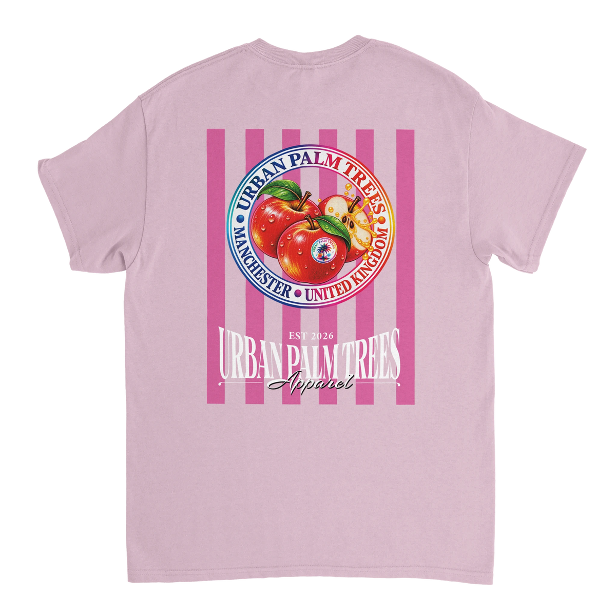 Back of pink women's graphic tee featuring retro red apples and vertical stripes with Urban Palm Trees Manchester text print.