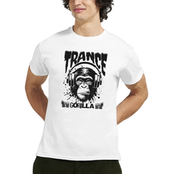 Trance DJ Monkey graphic tee for men with a headphones-wearing monkey and bold rave art.