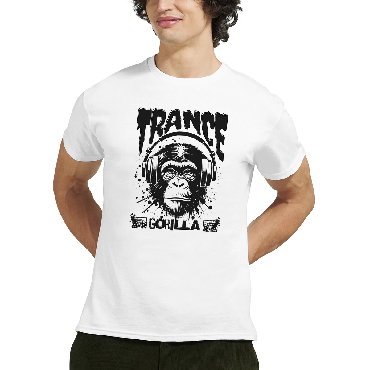 Trance DJ Monkey graphic tee for men with a headphones-wearing monkey and bold rave art.