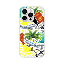 Transparent iPhone case featuring a travel sticker collage with palm trees, airplanes, passports, and compasses for urban exploration.