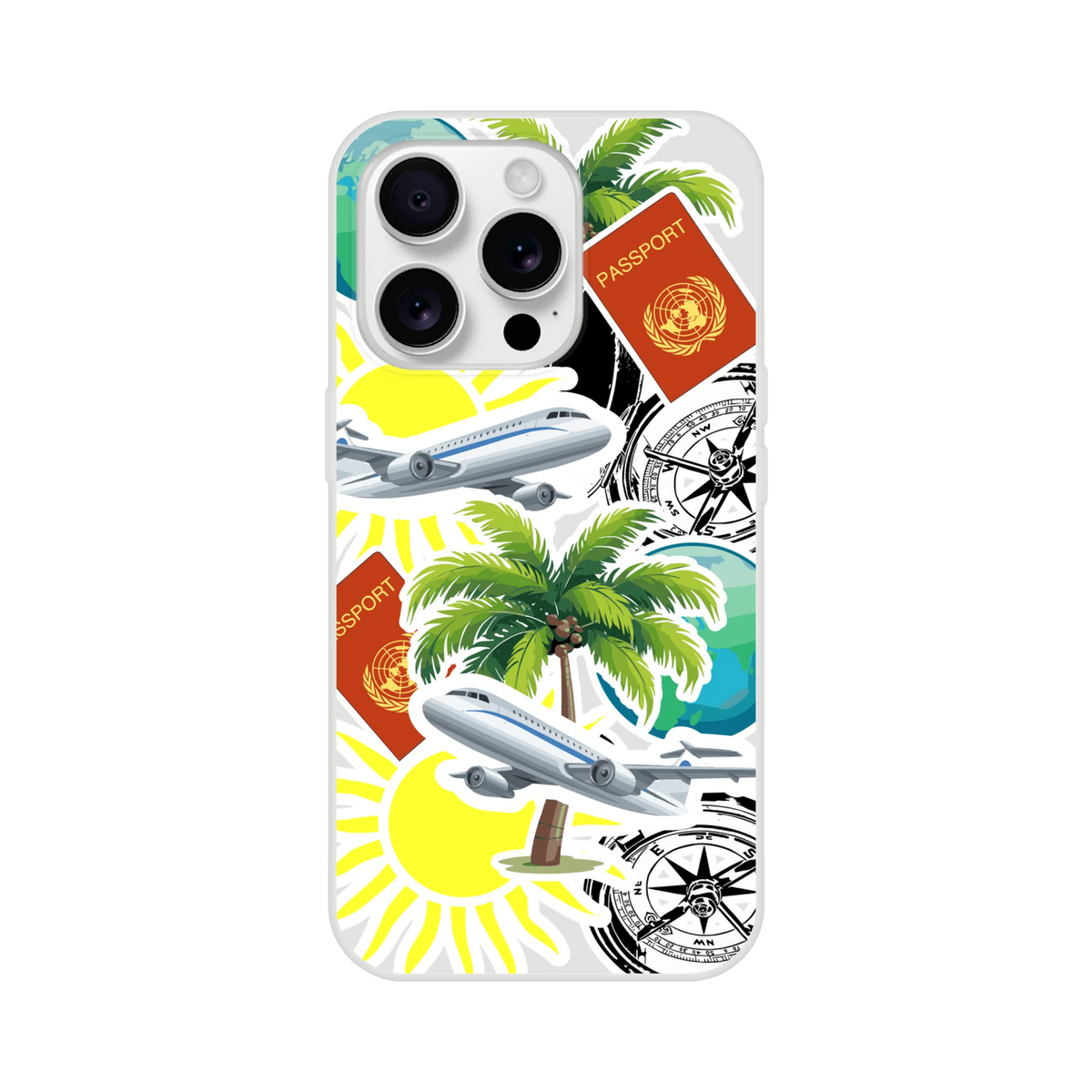 Transparent iPhone case featuring a travel sticker collage with palm trees, airplanes, passports, and compasses for urban exploration.