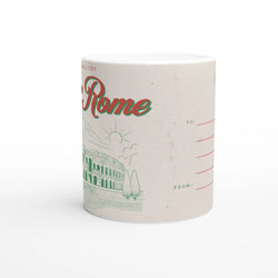 Vintage Rome mug with retro postcard design, speckled ceramic and red-green lettering.