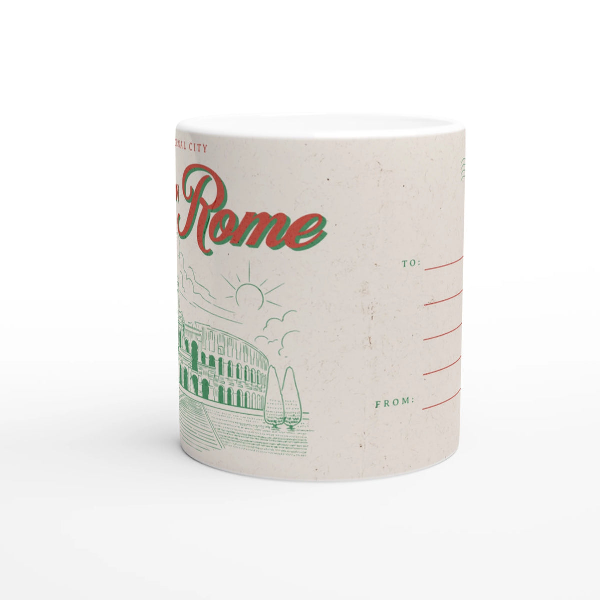 Vintage Rome mug with retro postcard design, speckled ceramic and red-green lettering.