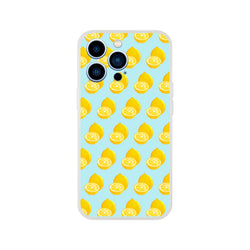 Pastel blue iPhone case featuring a bright yellow lemon pattern with whole and sliced fruits for summer style.