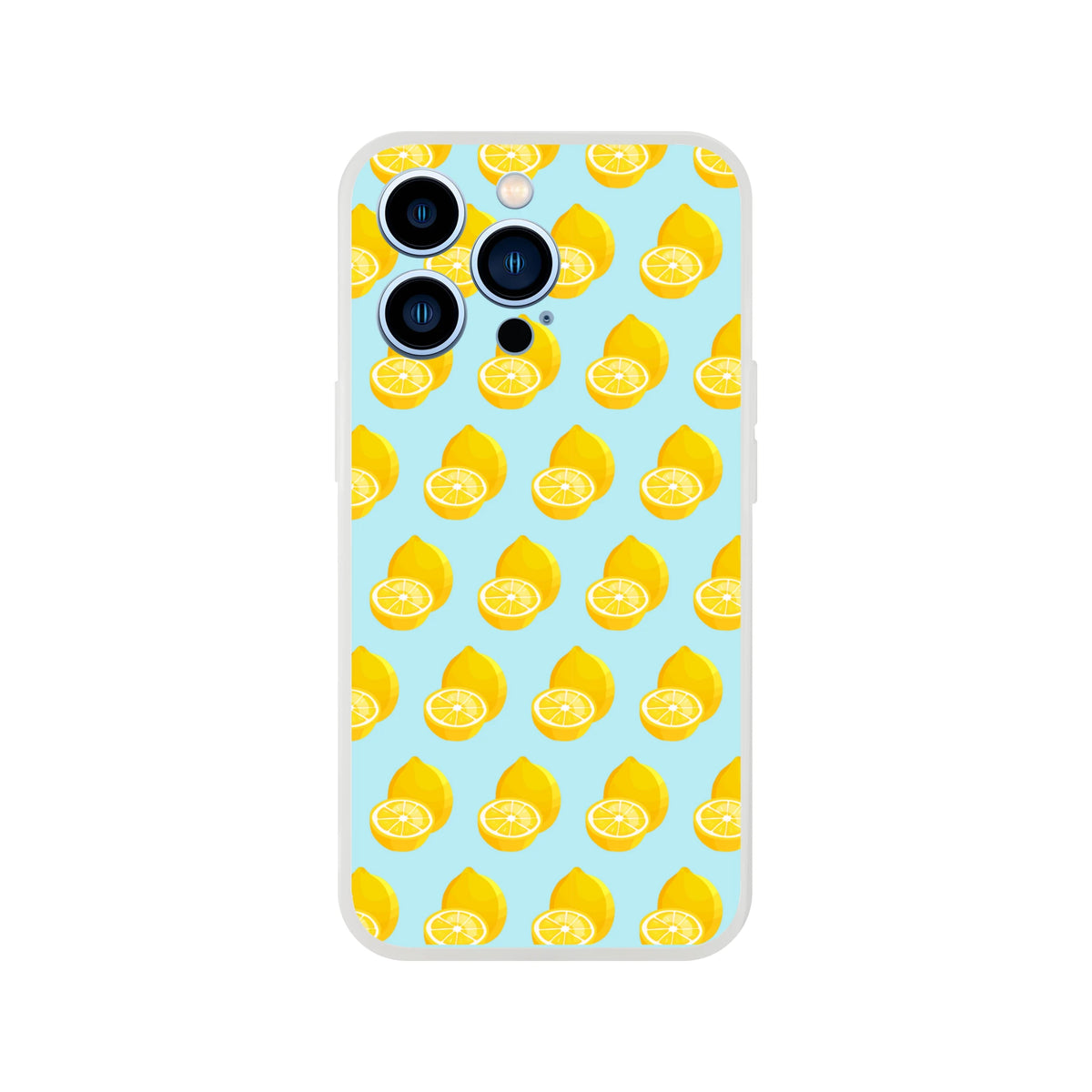 Pastel blue iPhone case featuring a bright yellow lemon pattern with whole and sliced fruits for summer style.
