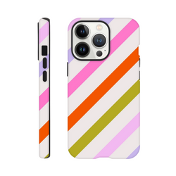 Retro colourful diagonal stripe tough iPhone case with shock-absorbing TPU protection for models 13-16.