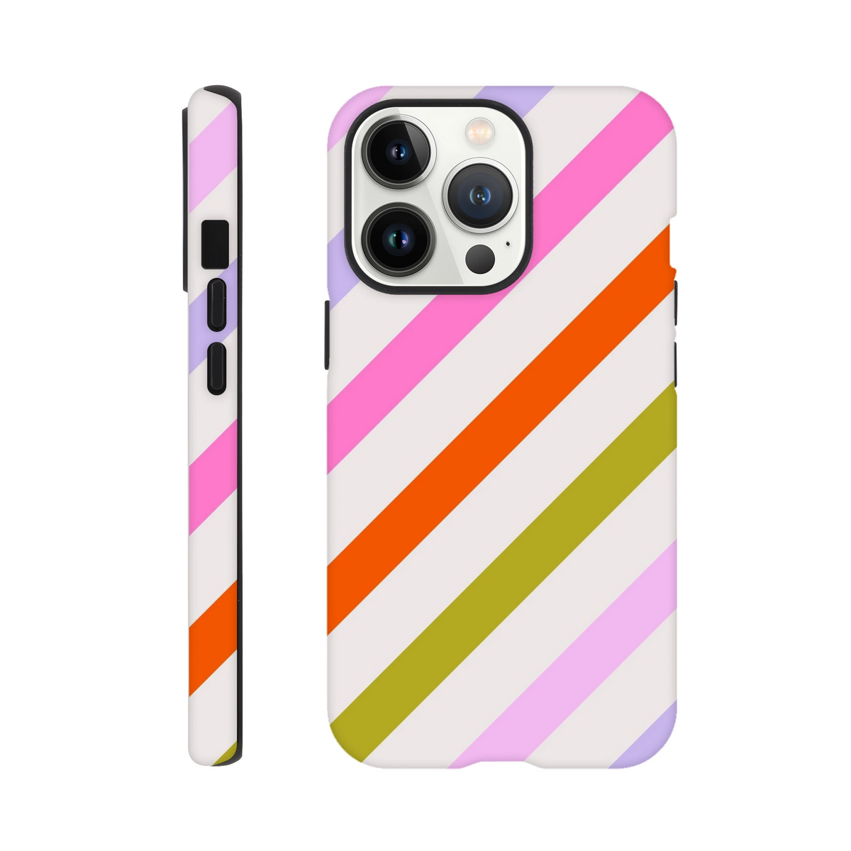 Retro colourful diagonal stripe tough iPhone case with shock-absorbing TPU protection for models 13-16.