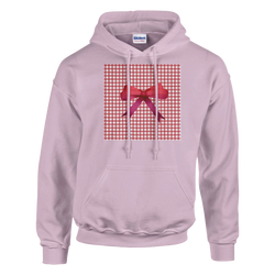 Lavender hoodie features a red gingham gift-box graphic with a pink bow on the chest.