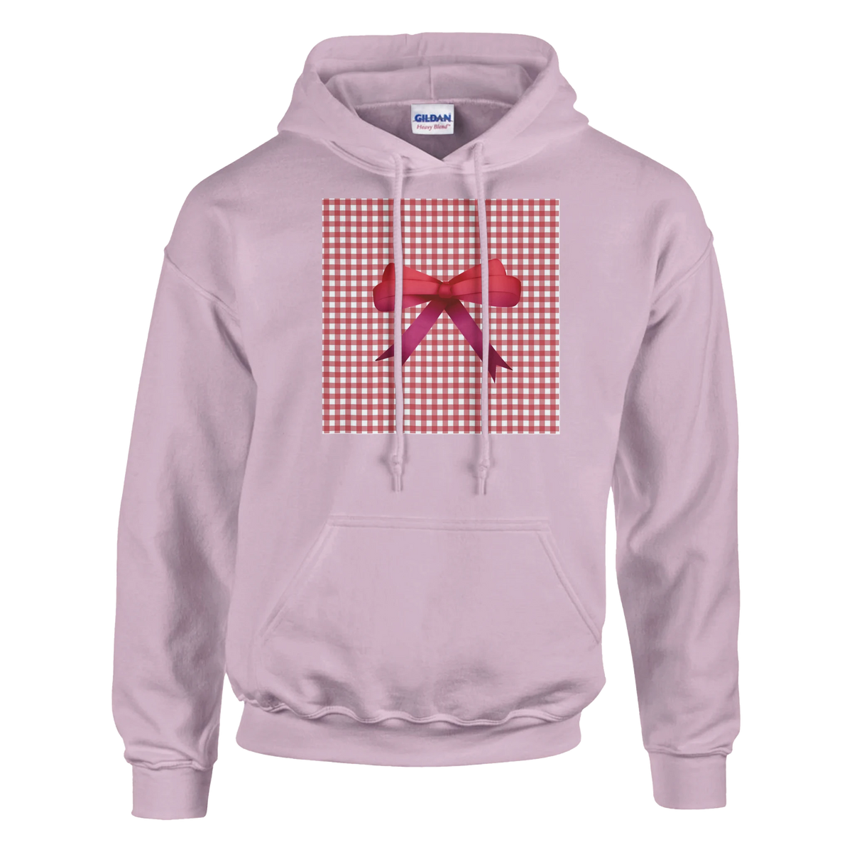 Lavender hoodie features a red gingham gift-box graphic with a pink bow on the chest.