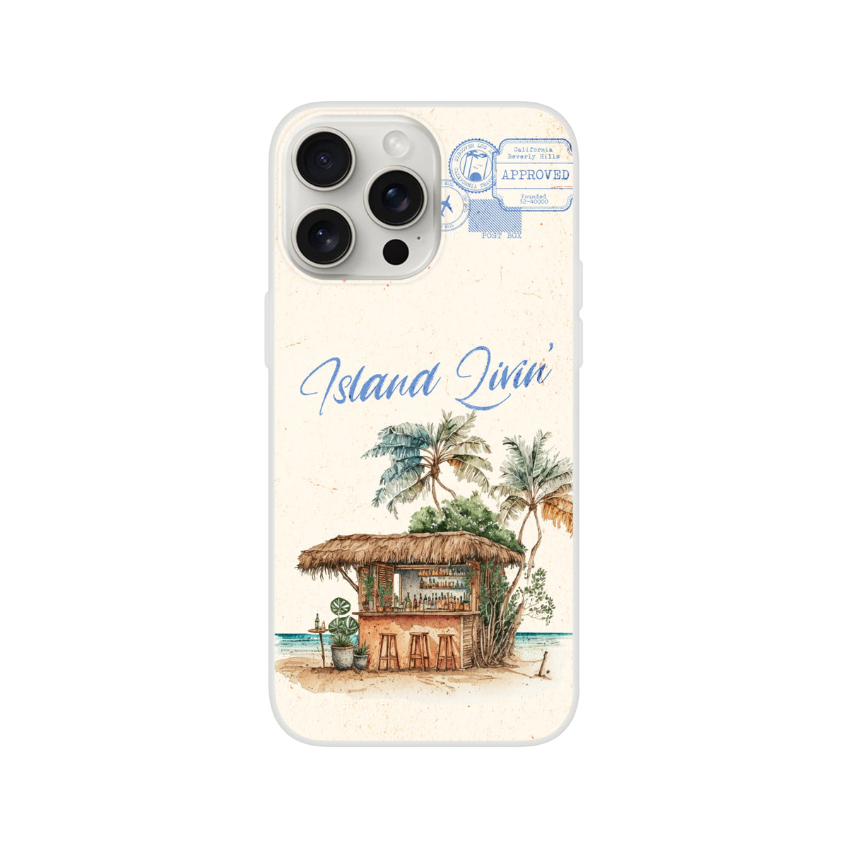 Vintage Postcard iPhone Case Island Holiday design with palm trees and a thatched hut.