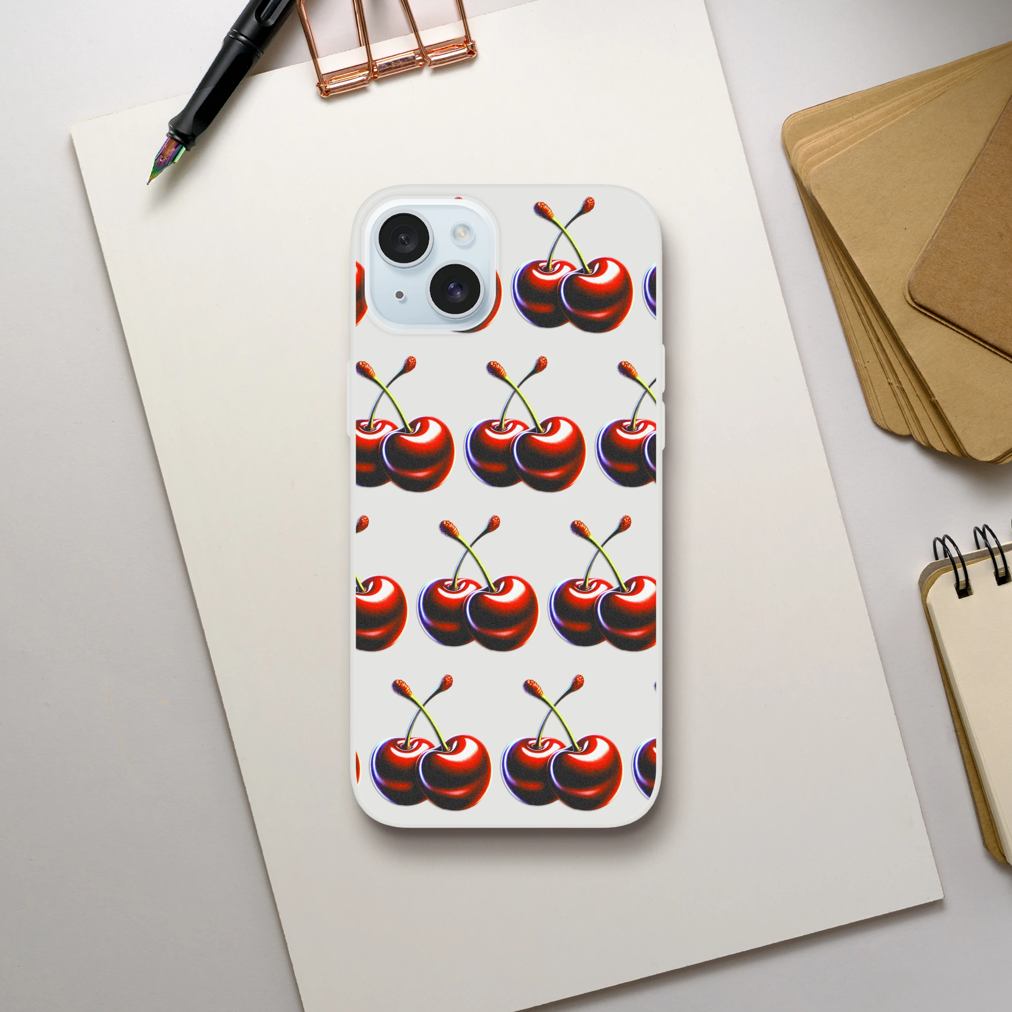 Cherries pattern slim protective phone case for iPhone 13–16 with frosted clear finish