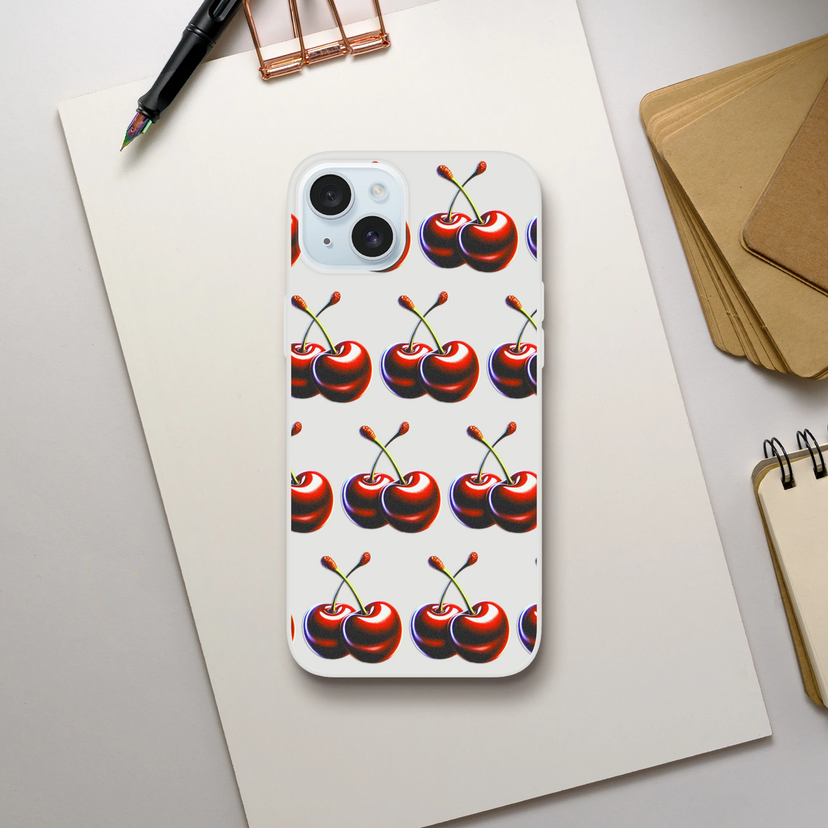 Cherries pattern slim protective phone case for iPhone 13–16 with frosted clear finish