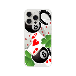 Transparent iPhone case featuring a lucky charm design with an Ace of Hearts, 8-ball, four-leaf clover, horseshoe, and dice.
