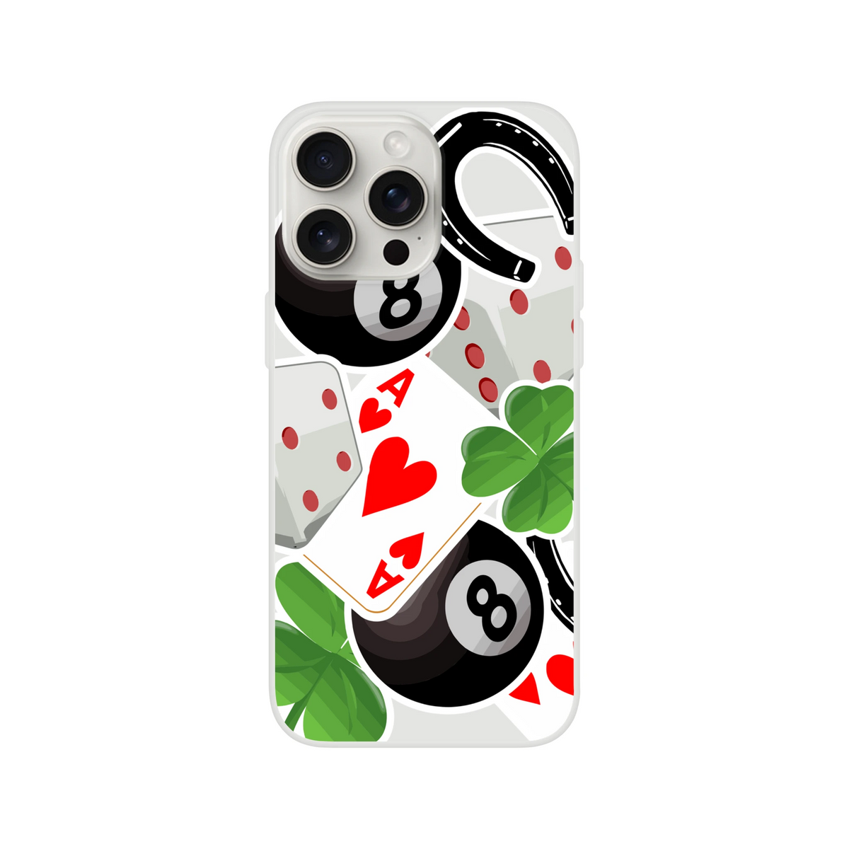 Transparent iPhone case featuring a lucky charm design with an Ace of Hearts, 8-ball, four-leaf clover, horseshoe, and dice.