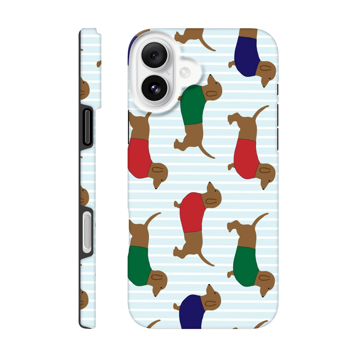Tough iPhone case featuring a playful pattern of cute dachshunds in red, green, and blue sweaters on a light blue striped background.