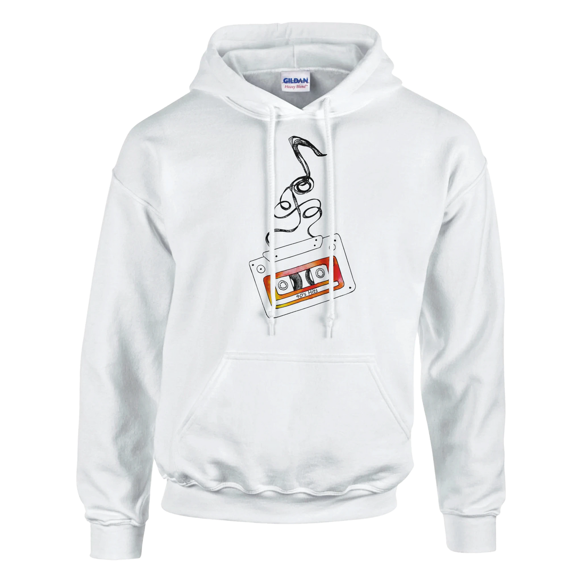 White pullover hoodie featuring a retro cassette tape graphic on the front.