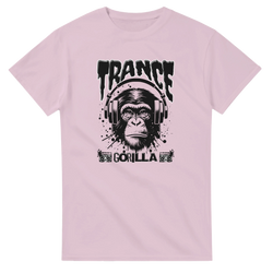 Pink Trance Gorilla men's graphic tee featuring a monkey with headphones and boombox art for rave music lovers.