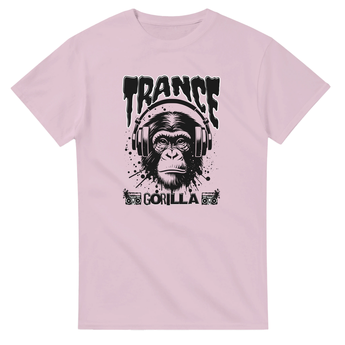 Pink Trance Gorilla men's graphic tee featuring a monkey with headphones and boombox art for rave music lovers.