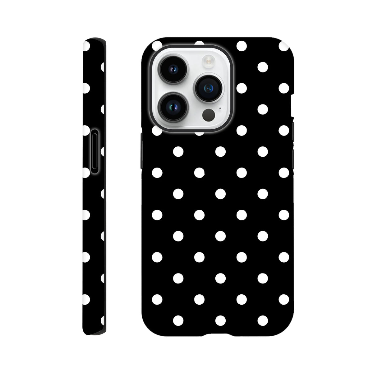Black and white polka dot tough iPhone case with glossy wraparound print and shock-absorbing TPU protection for models 13-16.