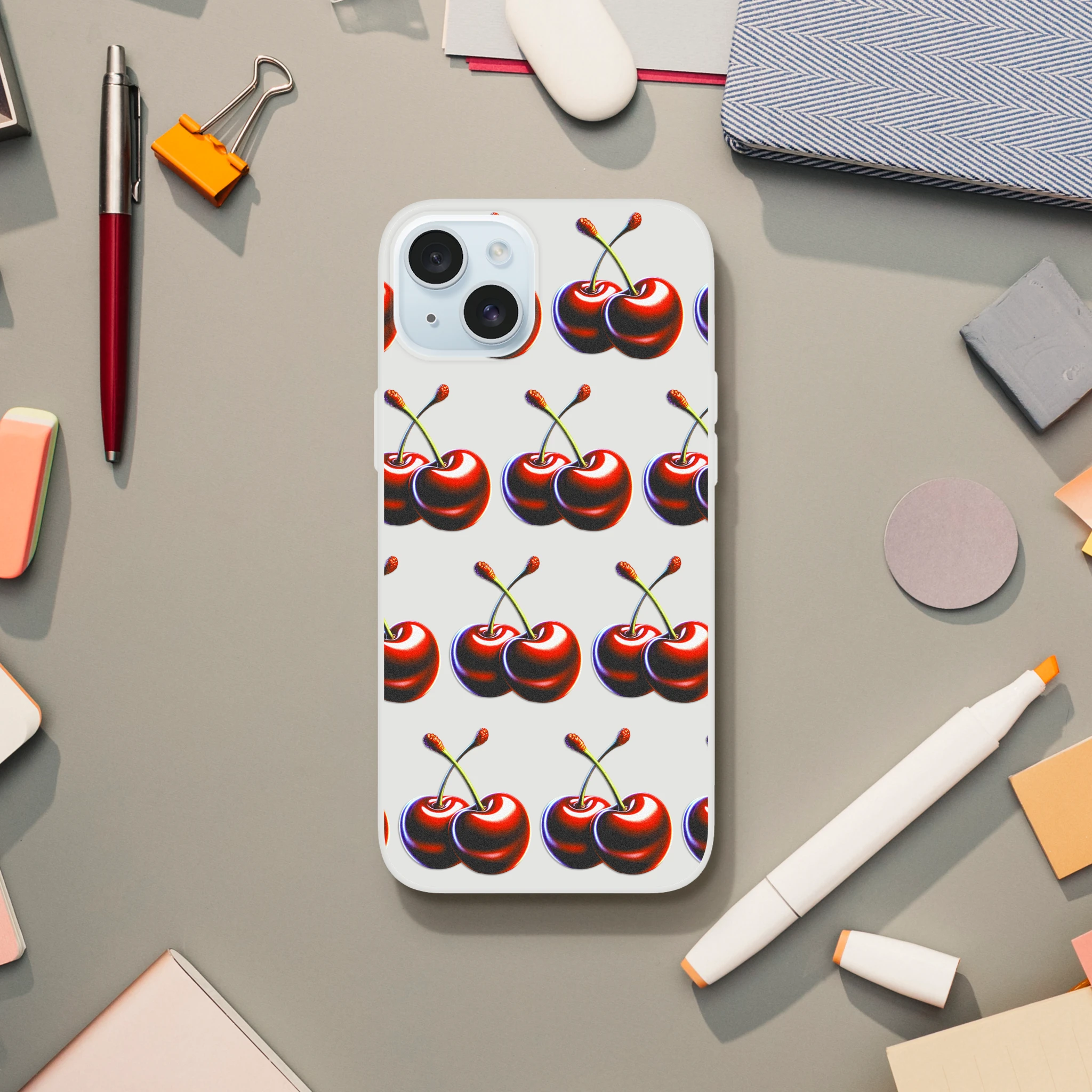 Cherries pattern slim protective iPhone case for iPhone 13–16, transparent frosty finish
