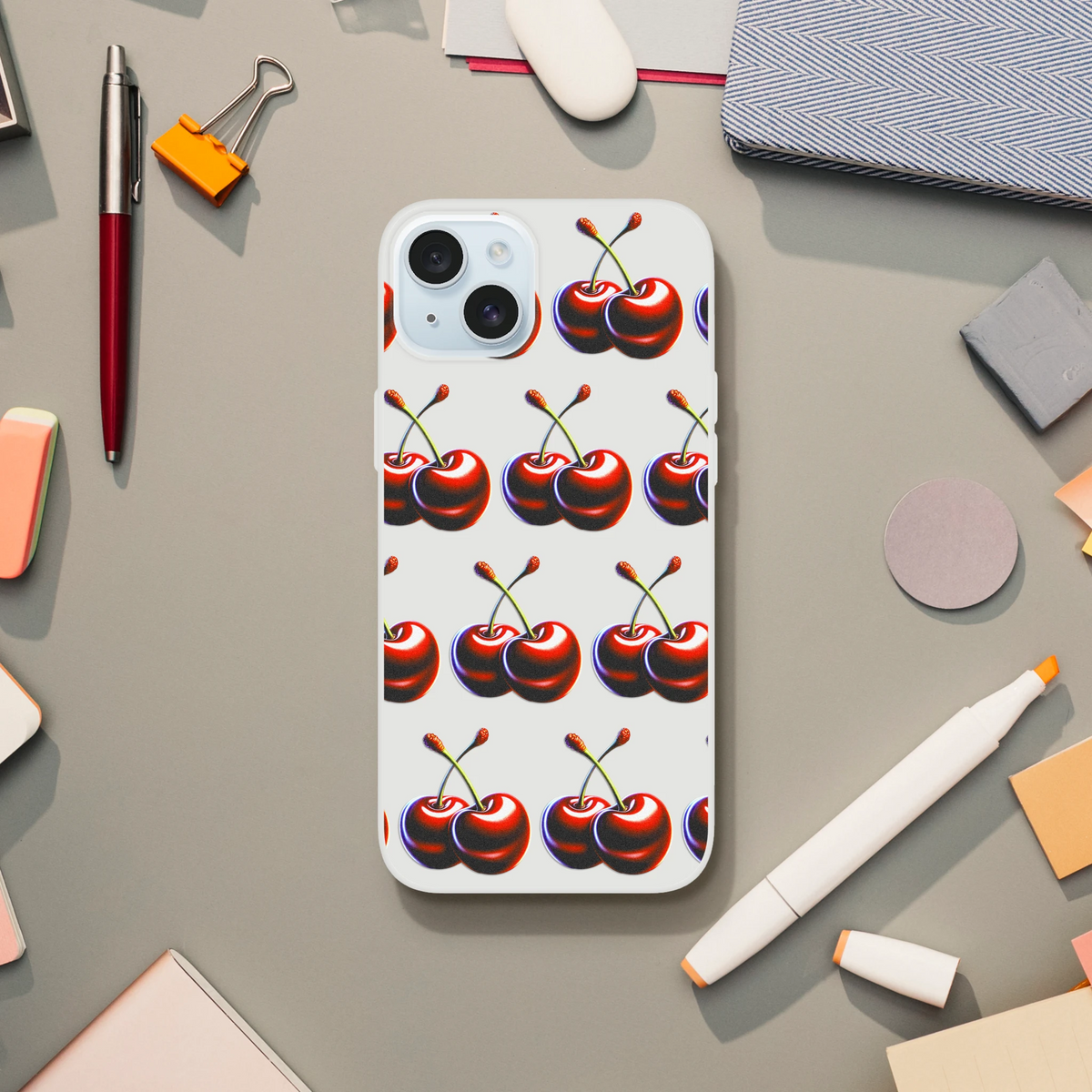 Cherries pattern slim protective iPhone case for iPhone 13–16, transparent frosty finish