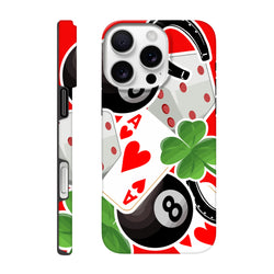Tough iPhone case featuring street-style graphics of an ace of hearts, four-leaf clover, and 8-ball on a red background.
