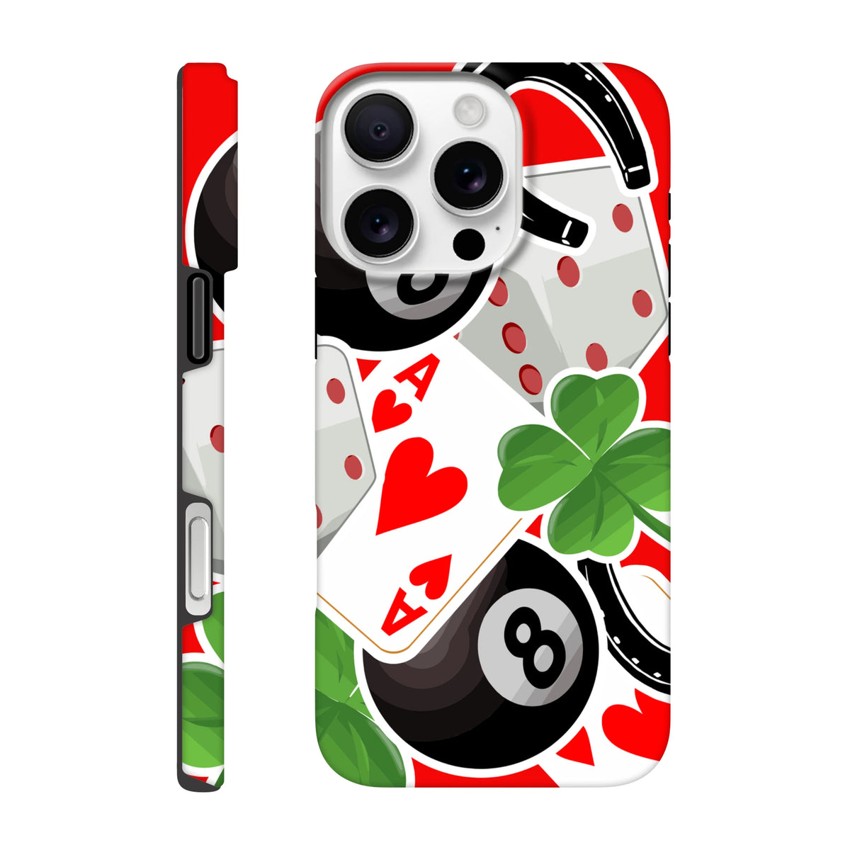 Tough iPhone case featuring street-style graphics of an ace of hearts, four-leaf clover, and 8-ball on a red background.