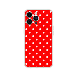 Retro red and white polka dot iPhone case with shock-absorbing TPU shell for models 13-16.