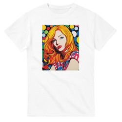 White t-shirt featuring a vibrant Pop Art graphic of a blonde woman with colorful polka dots, designed as retro streetwear.