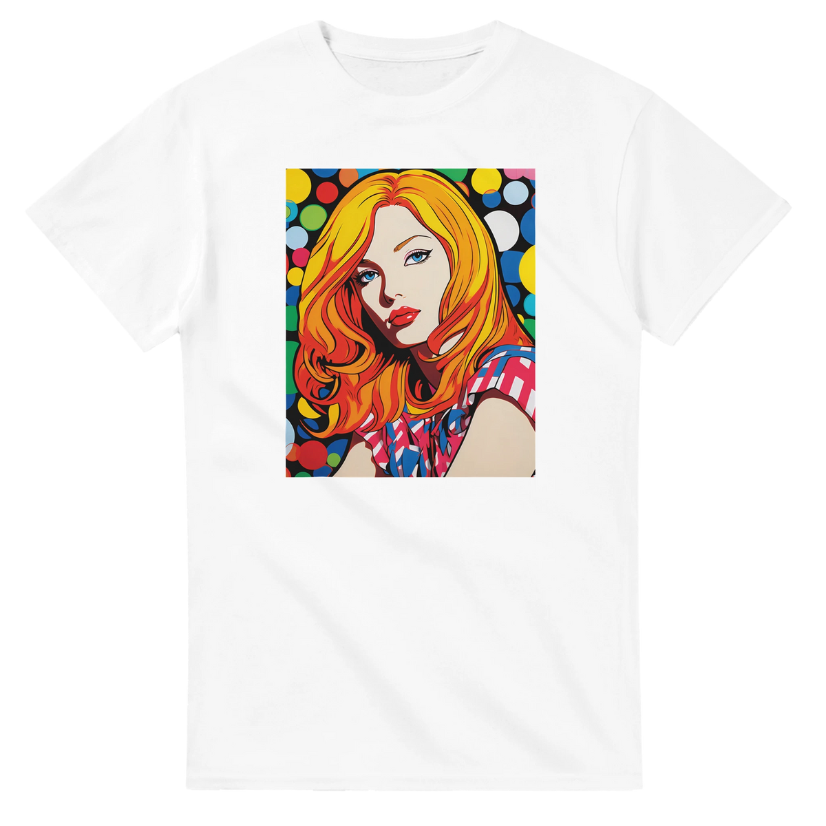 White t-shirt featuring a vibrant Pop Art graphic of a blonde woman with colorful polka dots, designed as retro streetwear.