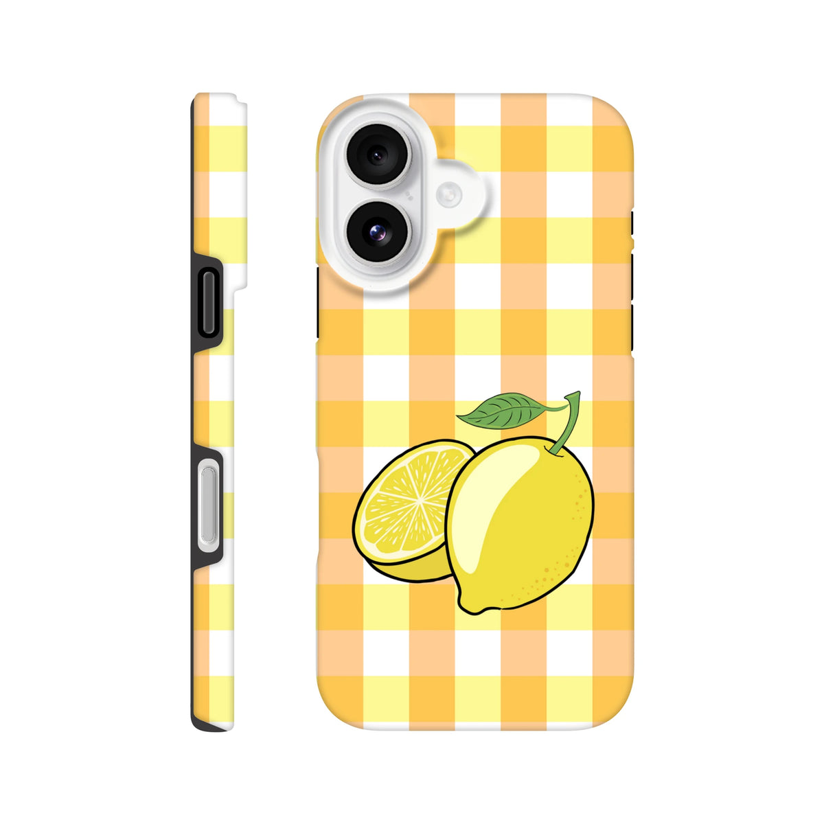 Yellow gingham iPhone case featuring a cute lemon illustration with tough drop protection for campus and daily use.