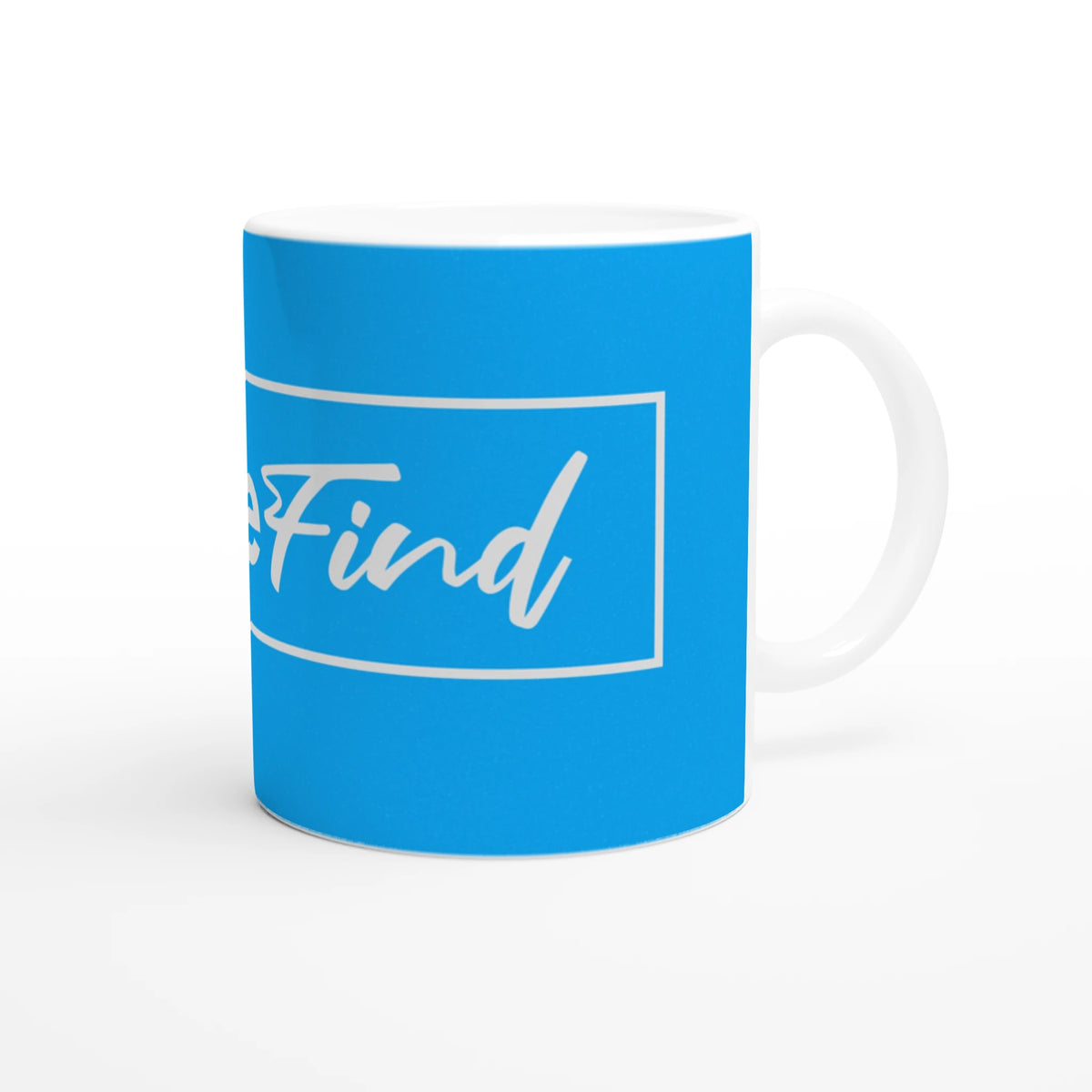 Cute Rare Find Mug - Slogan Coffee Cup in blue ceramic with white text and white handle.