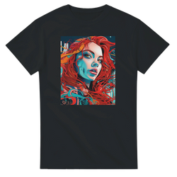 Black men's t-shirt featuring a bold artistic portrait of a woman with flowing red hair and vibrant blue streetwear graphic design.