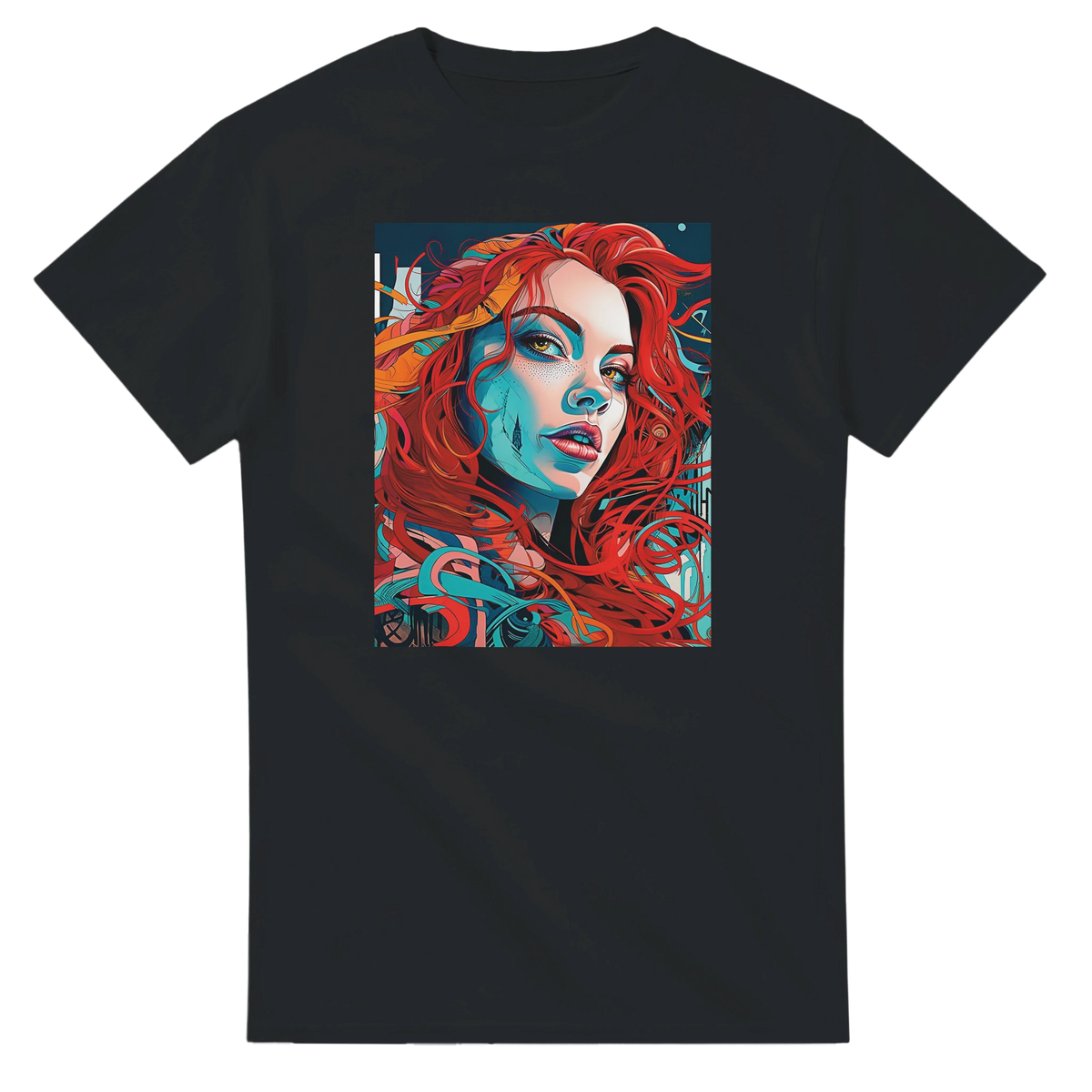 Black men's t-shirt featuring a bold artistic portrait of a woman with flowing red hair and vibrant blue streetwear graphic design.
