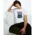 Man wearing white Japanese Sakura graphic T-shirt featuring a cherry blossom motif and a crew neck.