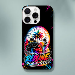 Redline iPhone case featuring Urban Palm Trees RPM gauge art, checkered flag, and colorful splatter on black background.
