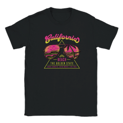 Black women's T-shirt featuring a neon pink California retro Y2K beach graphic with sunglasses and palm trees.