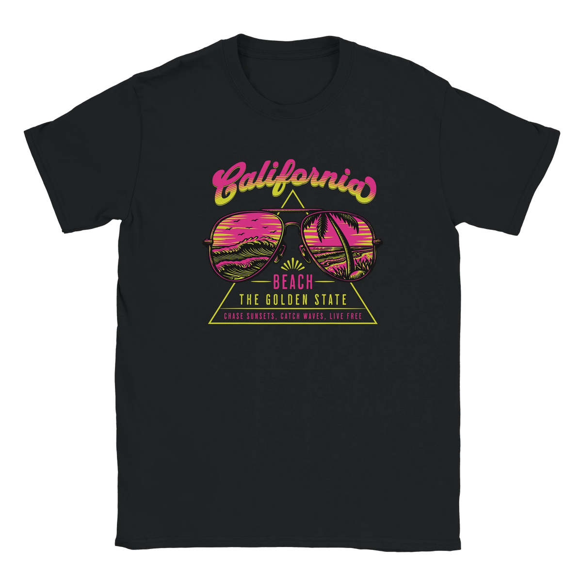 Black women's T-shirt featuring a neon pink California retro Y2K beach graphic with sunglasses and palm trees.