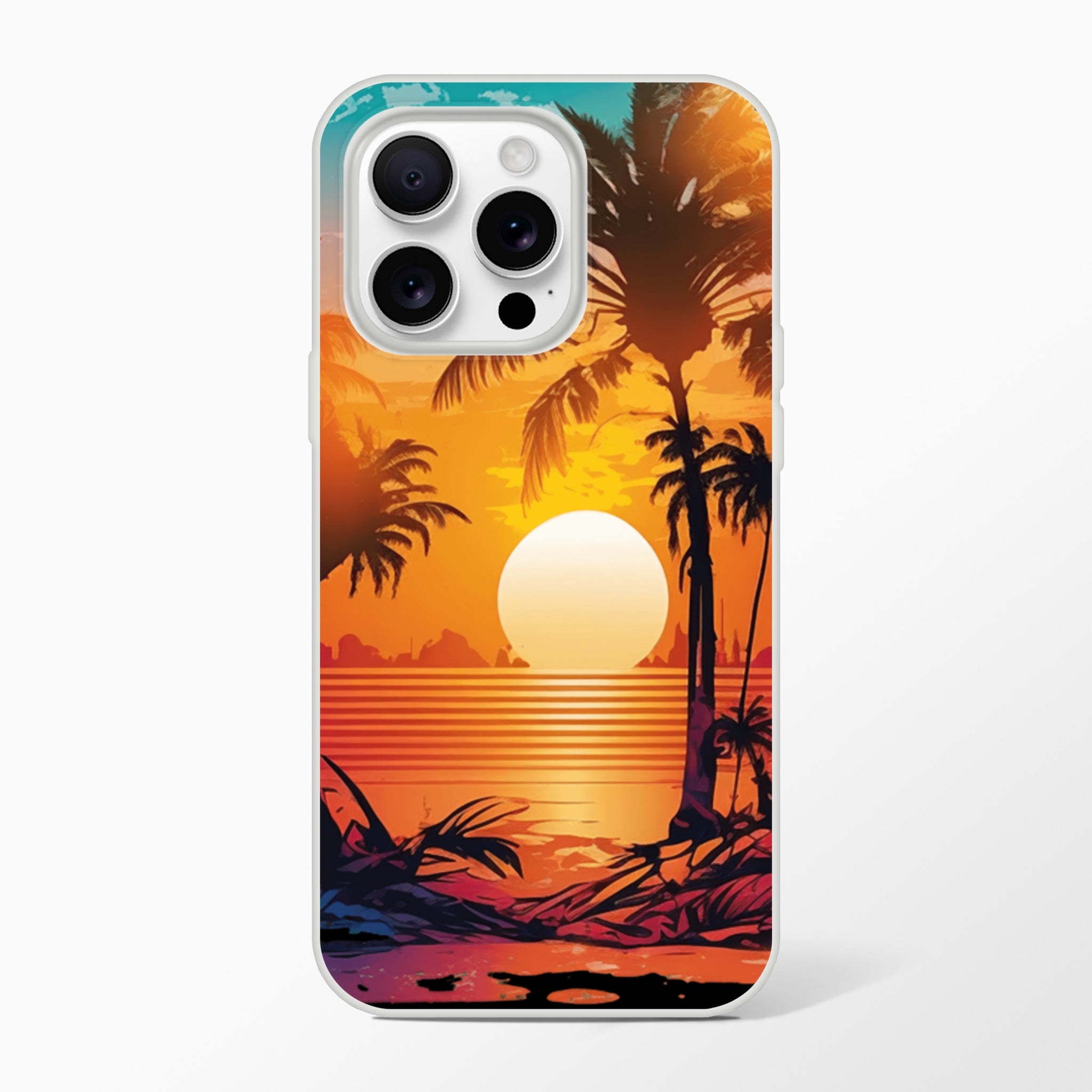Tropical sunset beach scene with palm trees on a slim protective iPhone case for iPhone 16/15/14/13